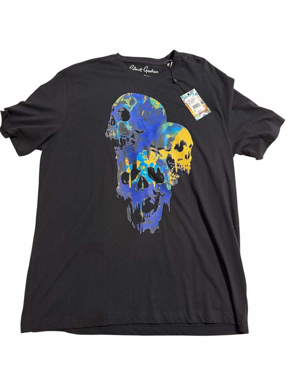 Robert Graham Black Tee with Blue and Yellow Skull Graphic